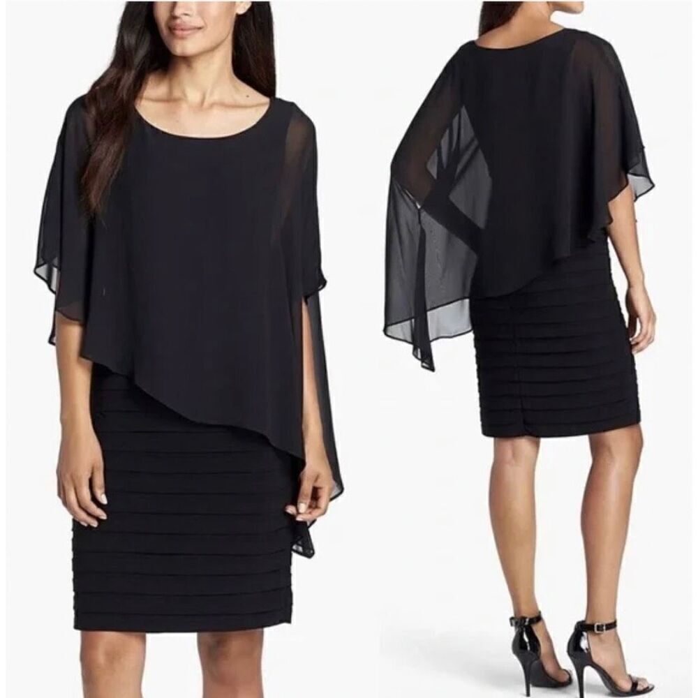Adrianna Papell Black Asymmetric Chiffon Overlay Capelet Sheath Dress Size 6